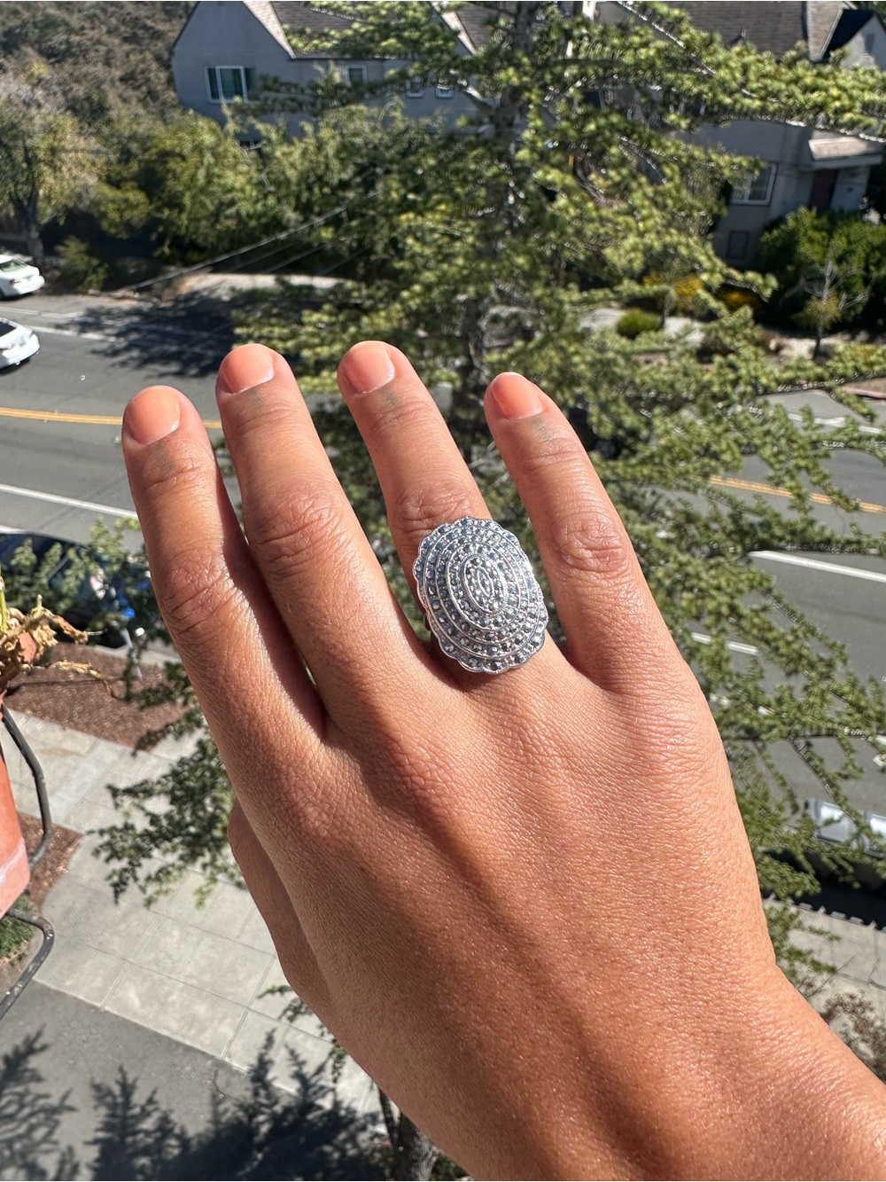 Vintage Sterling Oval Marcasite Statement Ring - size 6